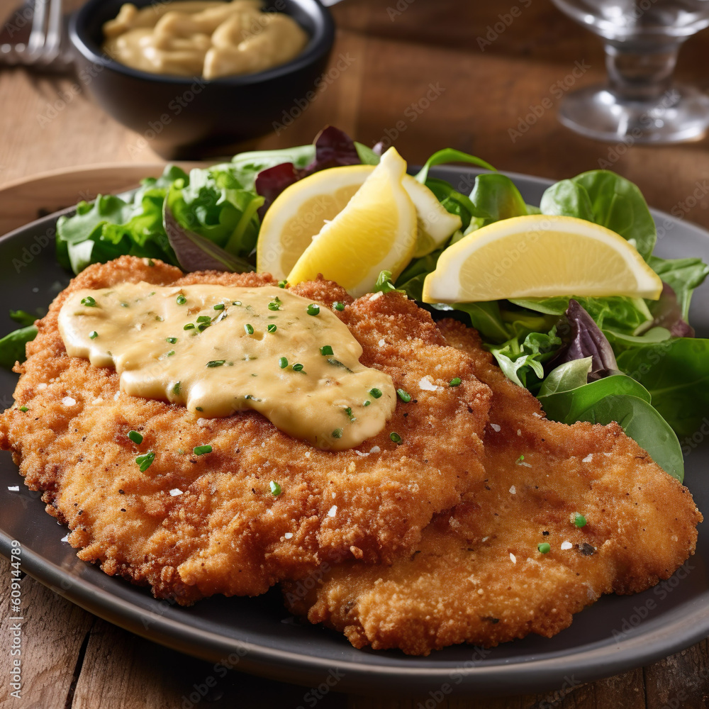Senfkruste-Schnitzel. Ein paniertes Schnitzel, das vor dem Panieren ...