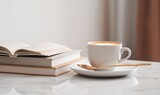  a cup of coffee on a saucer next to a stack of books.  generative ai