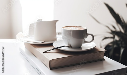  a cup of coffee on top of a book and a cup of coffee. generative ai