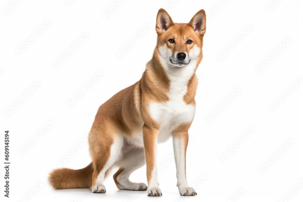 A brown and white dingo dog on a white surface. Generative AI.