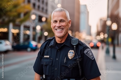 man in his 50s that is wearing a police uniform against an urban cityscape background