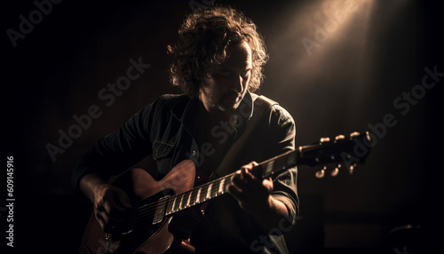 One musician playing guitar on stage at night generated by AI photo