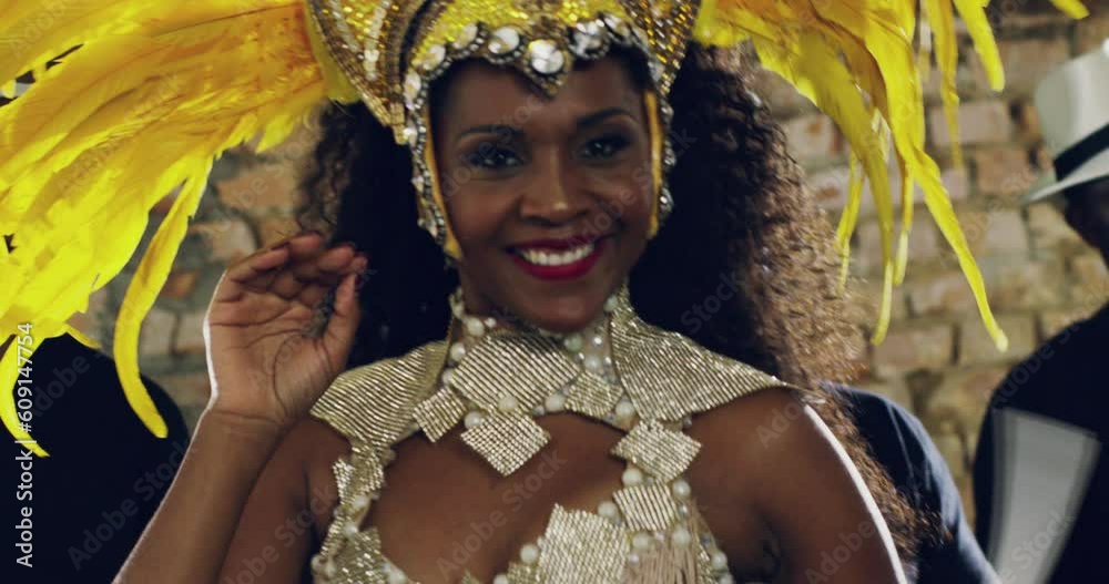 Dance, tradition and face of woman at a parade, culture party or street mardi gras in Brazil. Celebration, festival and happy female dancer samba moving or dancing in costume at carnival performance.