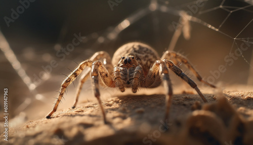 Spooky arachnid crawling on hairy spider web generated by AI