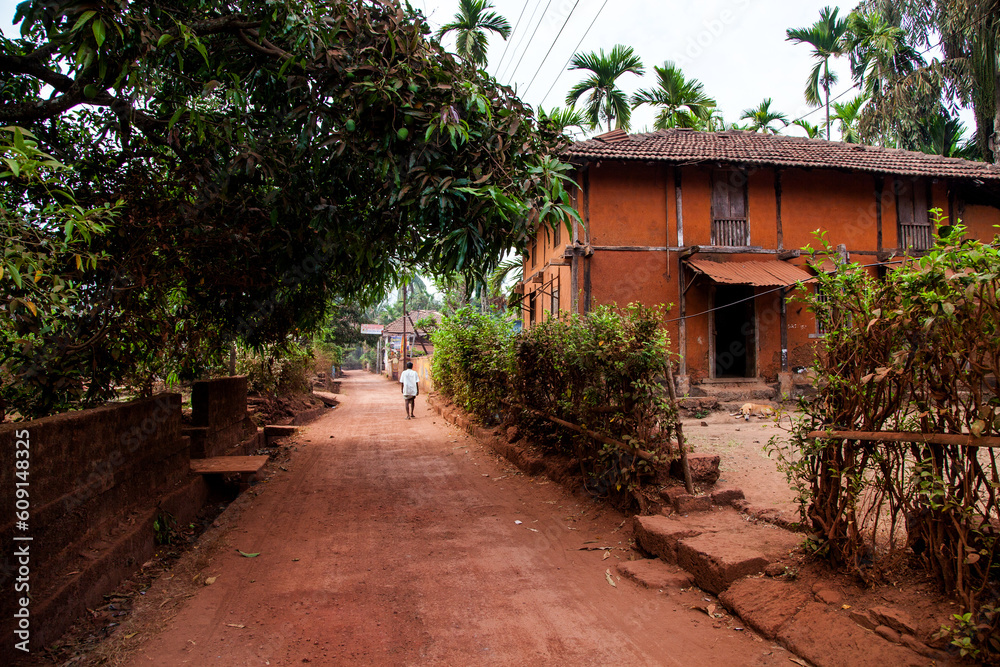 A street with laterite stone finish in a village called Dapoli in Western Maharashtra, India.
