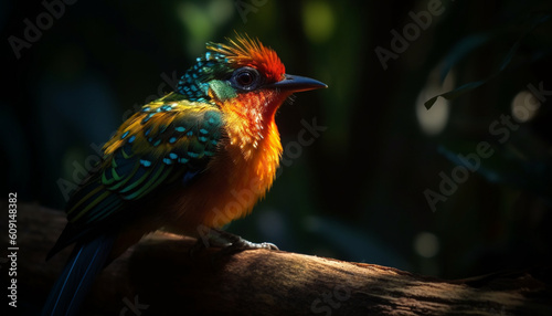 Multi colored bird perching on branch in forest generated by AI © Jeronimo Ramos