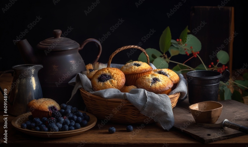  a basket of blueberry muffins next to a cup of coffee.  generative ai
