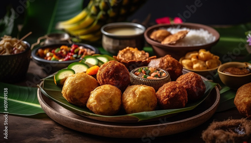 Grilled meatball plate with fresh guacamole sauce generated by AI