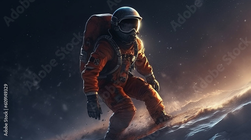 Snowboarder in helmet and goggles riding on snowboard. Extreme winter sport.generative ai © S...