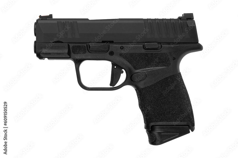 Modern semi-automatic pistol isolate on a white background. Armament for the army and police. Short-barreled weapon - obrazy, fototapety, plakaty 