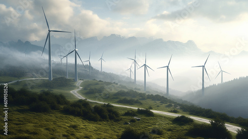 Photographie Wind turbines on the hillside in the fog.generative ai
