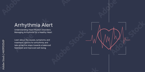 Arrhythmia Alert Banner on Dark Blue Background. Stylish Banner with Text and Icon for Healthcare and Medical