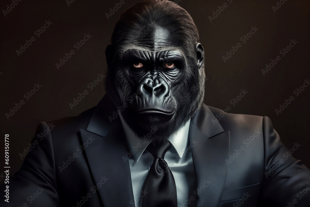 Portrait of a Gorilla dressed in a formal business suit, The Elegant Boss Gorilla, generative AI Portrait of a Gorilla dressed in a formal business suit, The Elegant Boss Gorilla, generative AI