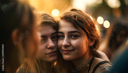 Young women embrace in nature, enjoying togetherness generated by AI