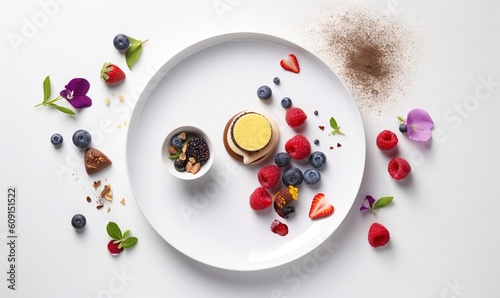  a white plate topped with desserts and berries on top of a table.  generative ai