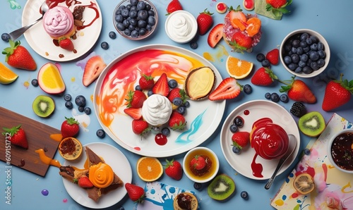  a table topped with plates of fruit and desserts on top of a blue surface. generative ai