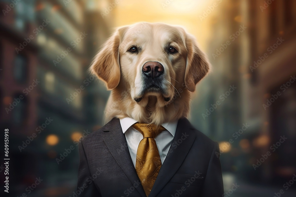 Portrait of a Golden Retriever dressed in a formal business suit, The Elegant Boss Golden Retriever, generative AI