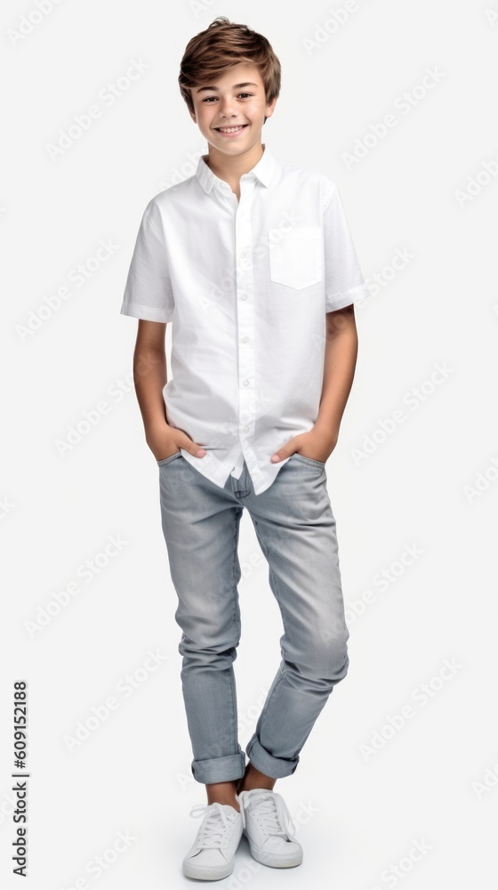 AI generated. shirt mockup. Cute smiling teenager 10 years boy in a white shirt on a clean background Generative AI AI generated. shirt mockup. Cute smiling teenager 10 years boy in a white shirt on a clean background Generative AI