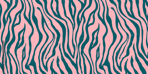 Tiger pink green seamless pattern. Vector animal skin print. Fashion organic texture.
