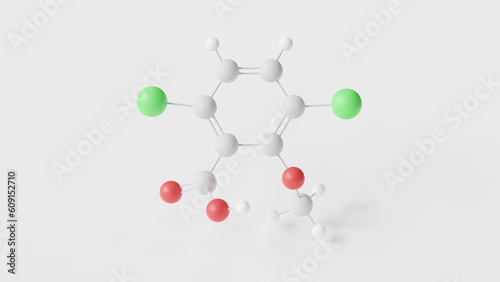 dicamba molecule 3d, molecular structure, ball and stick model, structural chemical formula herbicide photo