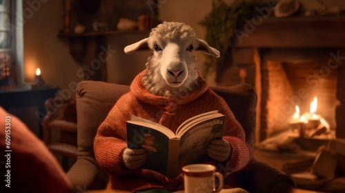 a sheep wearing a sweater and reading a book made with Generative AI