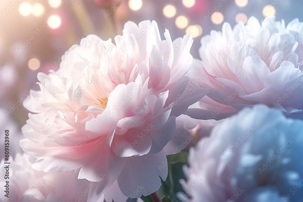 A close up of a bunch of flowers with lights in the background. Generative AI. Fresh peony flowers. A close up of a bunch of flowers with lights in the background. Generative AI. Fresh peony flowers.