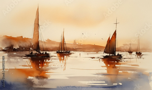  a painting of sailboats in the water at sunset with a city in the background.  generative ai © Olga