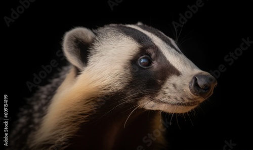  a close up of a badger's face on a black background.  generative ai © Olga