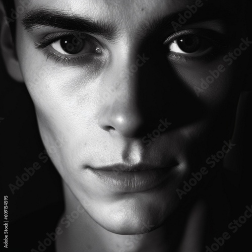 High fashion, beauty portrait of young man model, attention grabbing closeup male face, soft light, rhythmic composition, AI generative © Valery Zayats