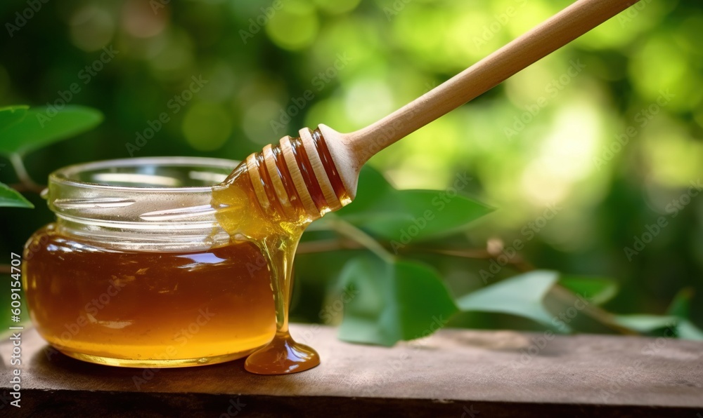 a honey jar filled with honey and a wooden honey dipper. generative ai a honey jar filled with honey and a wooden honey dipper. generative ai