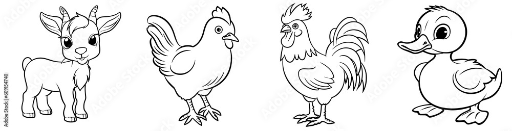 Fototapeta premium Farm animals - cute Goat, Hen or chicken, Rooster and Duck, simple thick lines kids or children cartoon coloring book pages. Clean drawing can be vectorized to illustration easily. Generative AI