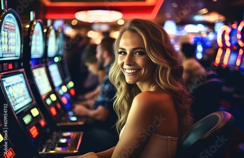 Happy young woman smiling near slot machines in a casino. Generative AI	 photo