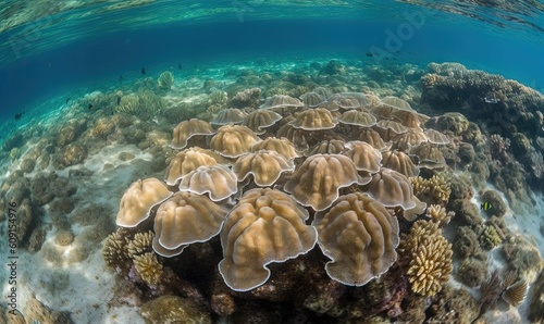  a group of corals on a coral reef in the ocean. generative ai