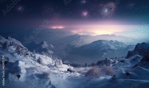  a view of a snowy mountain range with stars in the sky. generative ai