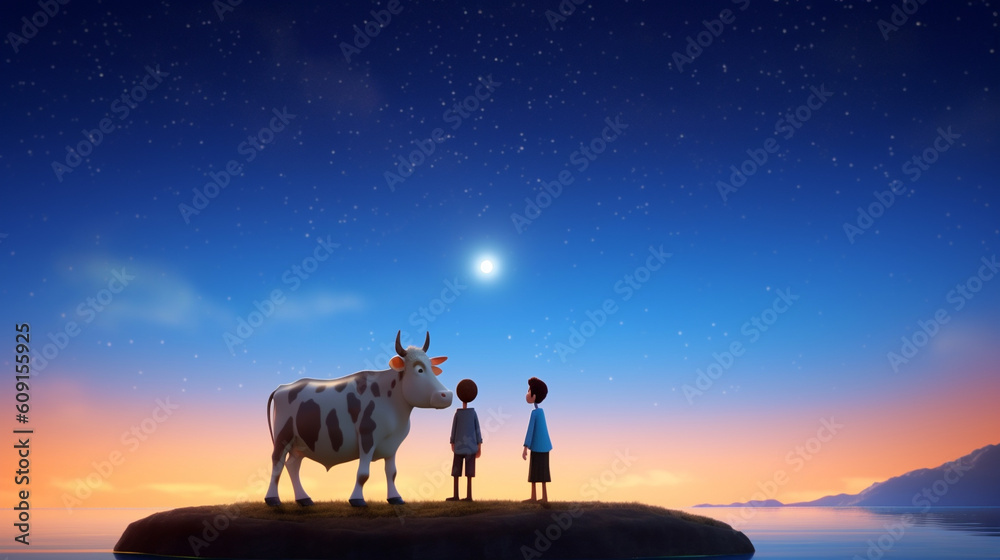 Cute adorable cow, Eid ul azha. Soft cinematic lighting, animation style character, islamic greetings created with generative ai