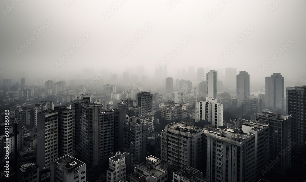  a black and white photo of a city in the fog.  generative ai