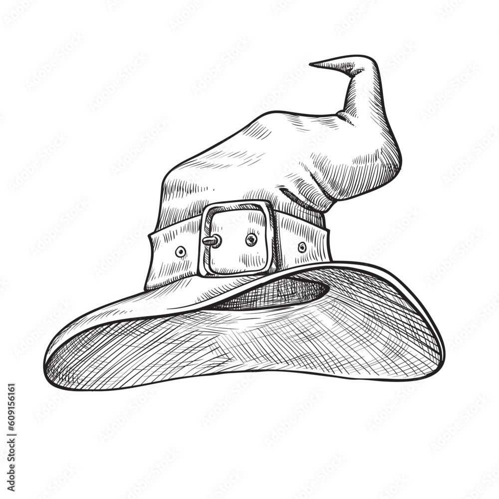 Fototapeta premium Vintage illustration for Halloween. A hand-drawn sketch of a witch's pointed hat.