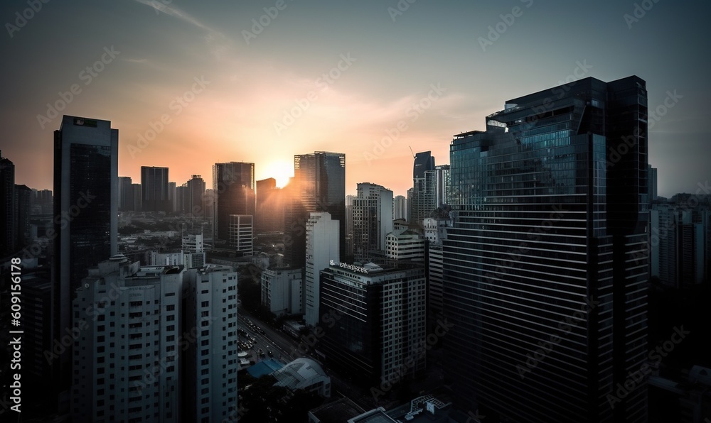  the sun is setting over a city with tall buildings in the foreground.  generative ai