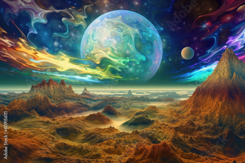 Fantastical planet with swirling clouds and colorful landscapes. AI