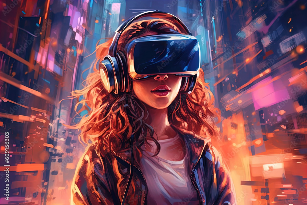 Woman Wearing a Virtual Reality Headset. Generative AI Woman Wearing a Virtual Reality Headset. Generative AI