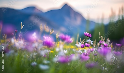  a field full of purple and white flowers with mountains in the background. generative ai