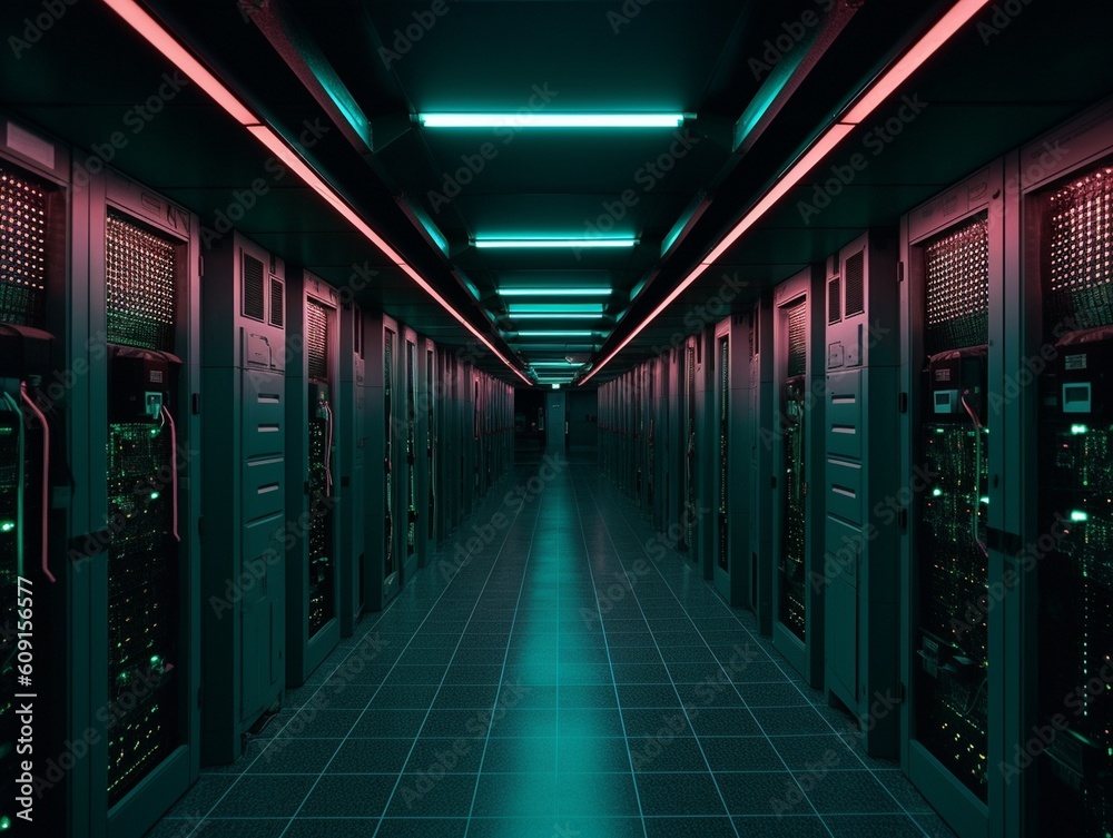 Server racks in computer network security server room data center. AI generative