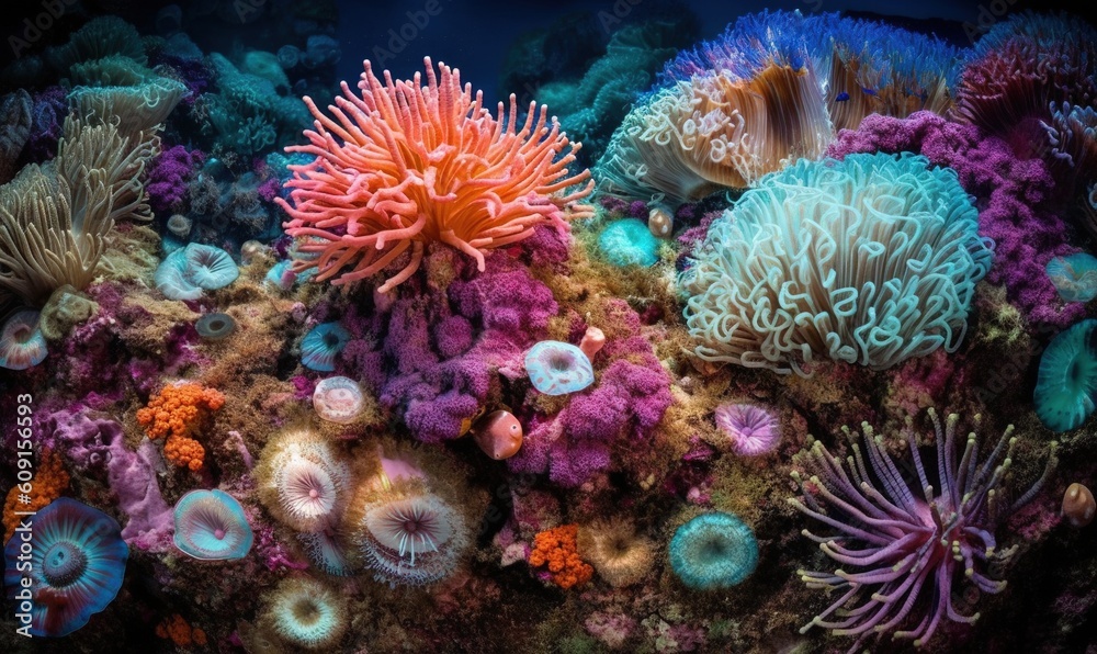 Fototapeta premium a group of sea anemones on a coral reef. generative ai