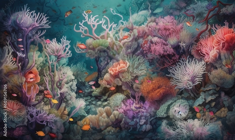  a painting of a coral reef with fish and corals.  generative ai