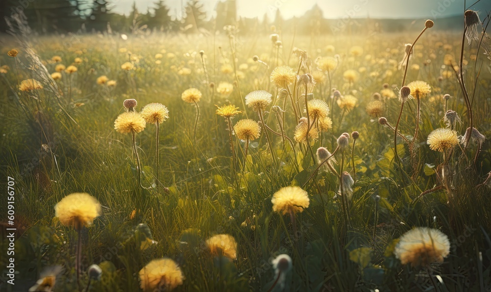  a field full of yellow dandelions in the sun.  generative ai