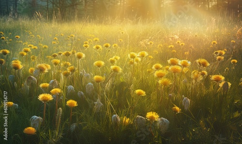  a field full of yellow dandelions in the sunlight. generative ai