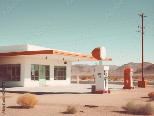 gas station n desert area, sunny day, AI generative photo