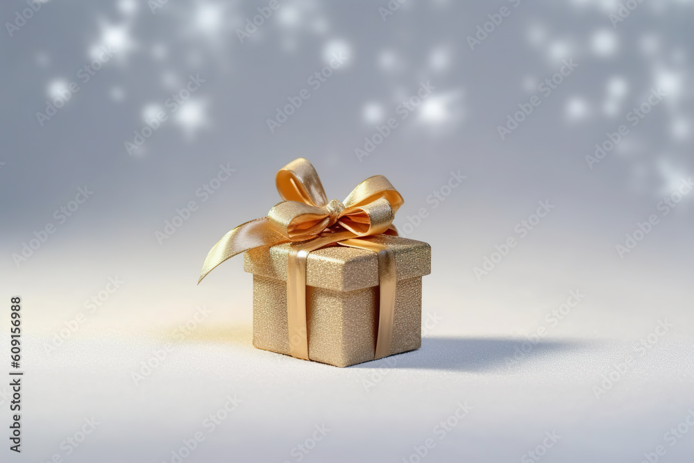 A gold gift box with a gold bow. Generative AI. Christmas gift box. A gold gift box with a gold bow. Generative AI. Christmas gift box.