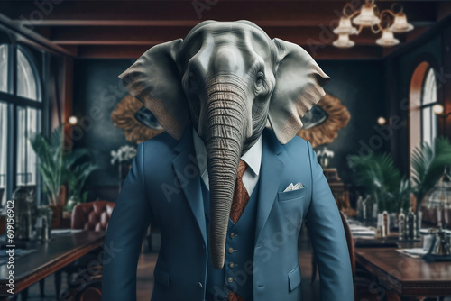 Portrait of a Elephant dressed in a formal business suit, The Elegant Boss Elephant, generative AI