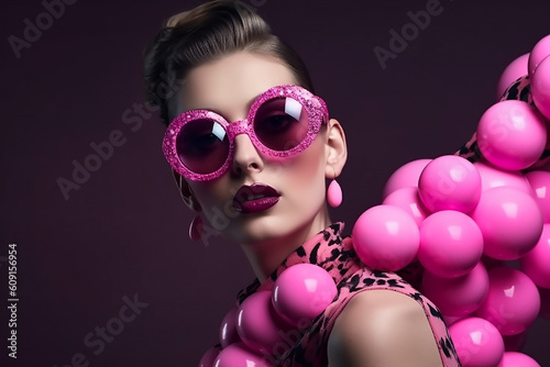 High Fashion Model Girl Portrait wearing sunglasses, Woman with Holiday Leopard Makeup, Bubble , generative AI 